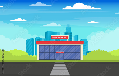 Supermarket Grocery Store Retail Shop Mall City Building Flat Illustration