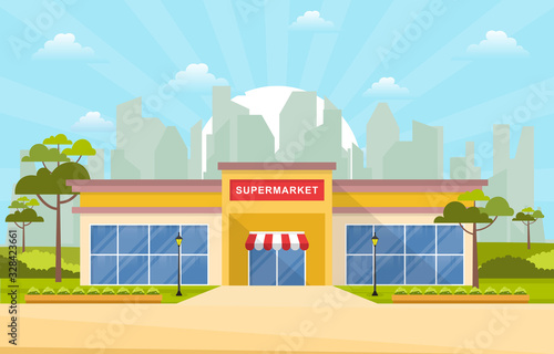 Supermarket Grocery Store Retail Shop Mall City Building Flat Illustration