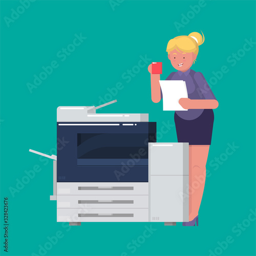 Young business woman secretary photocopying paper while drinking coffee