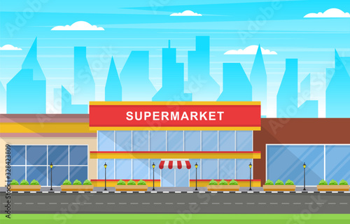 Supermarket Grocery Store Retail Shop Mall City Building Flat Illustration