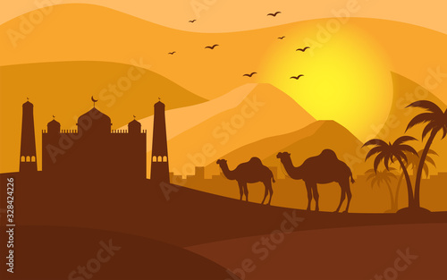 Background Camel Vector - Silhouette with Mosque