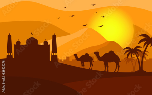 Background Camel Vector - Silhouette with Mosque