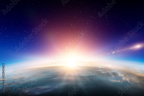 Fototapeta Naklejka Na Ścianę i Meble -  Sunrise on planet orbit, space beauty