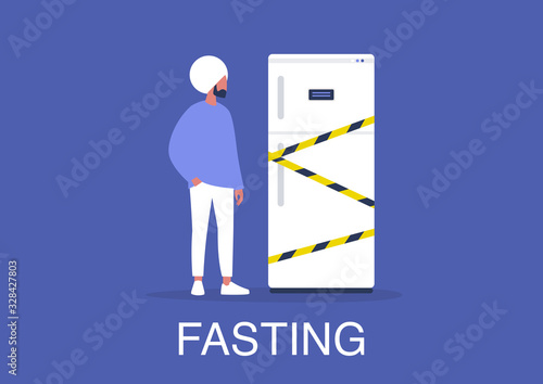Young indian male character standing next to a fridge wrapped in a yellow tape, Fasting concept