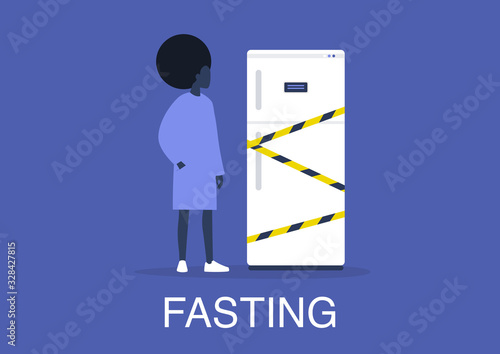 Young black female character standing next to a fridge wrapped in a yellow tape, Fasting concept