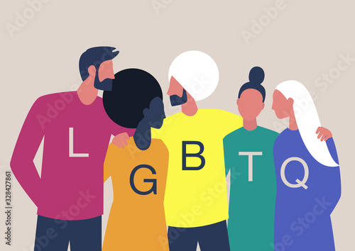 LGBTQ+ sign, Homosexual relationships, A diverse community of modern gay, lesbian, bisexual, transgender, queer people hugging  and supporting each other