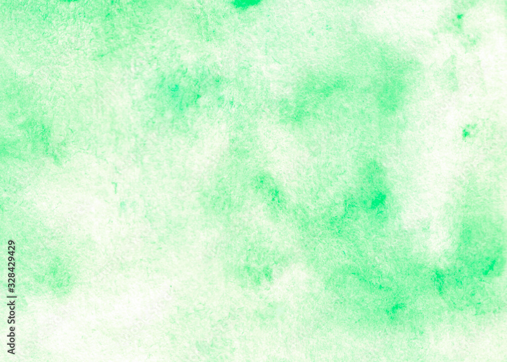 Green abstract macro watercolor hand drawn paper texture. Wet brush painted smudges and stains background. Decorative design card for banner, print, decor, template