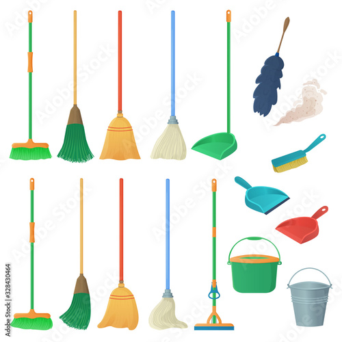 Cartoon household equipment set. A broom sweeps dust and dirt on scoop. mop or swab, feather duster, plastic bucket.Cleaning services, concept. Objects isolated white background. Stock vector.