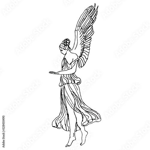 Isolated vector illustration. Antique vintage angel. Ancient Greek or Roman winged goddess. Nike or Hebe. Hand drawn linear doodle ink sketch. Black silhouette on white background.