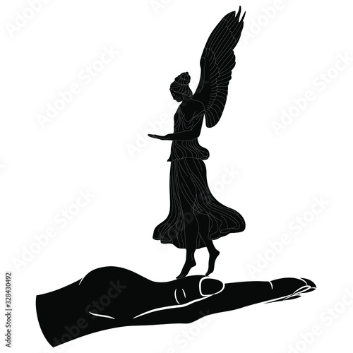 Isolated vector illustration. Vintage angel or antique winged goddess standing on human hand. Creative concept. Black and white silhouette.