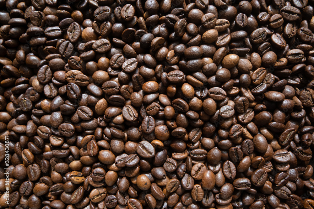 Top down view of many coffee beans
