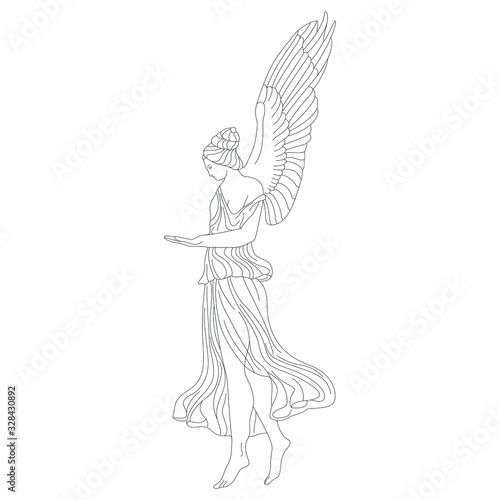 Isolated vector illustration. Antique vintage angel. Ancient Greek or Roman winged goddess. Black and white linear silhouette. Nike or Hebe.