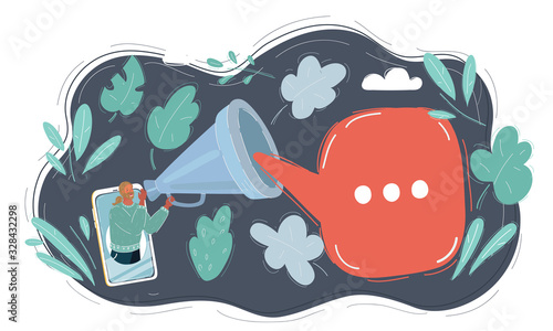 Man make statement on screen of phone. Loudspeaker and speech bubble