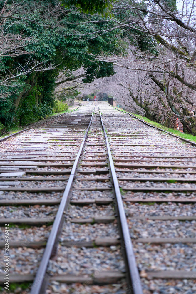 Kyoto,Japan-February 29, 2020: Perspective view of Empty Keage Incline in Kyoto in the morning Kyoto,Japan-February 29, 2020: Perspective view of Empty Keage Incline in Kyoto in the morning