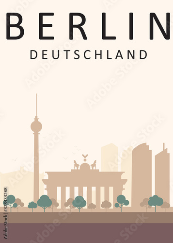 Awesome city view in sunny day in Brandenburg Gate, Berlin. Enjoy the travel. Around the world. Quality vector poster. Deutschland.