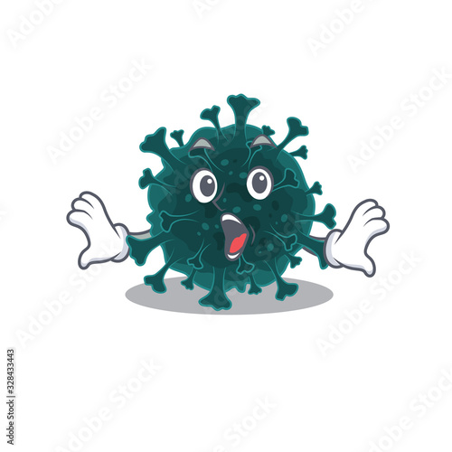 A cartoon character of coronavirus COVID 19 making a surprised gesture