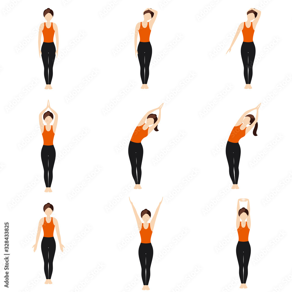 Simple standing warm-up yoga asanas set for beginners