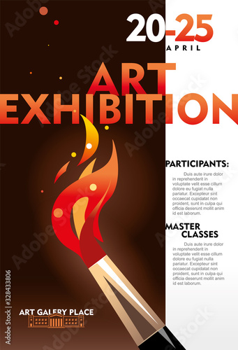 Art gallery or exhibition poster design concept. Fire stylized brush and flames on the dark background. Editable EPS vector