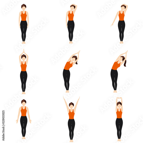 Simple standing warm-up yoga asanas set for beginners / Illustration stylized woman practicing arms stretching poses photo