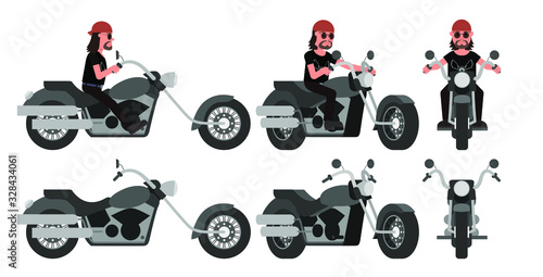 Biker. A motorcyclist and his motorcycle. Front view, side view, three-quarter view. Vector illustration. Flat style design. Isolated on a white background.