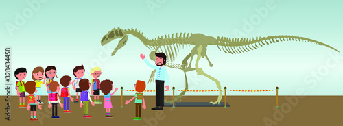 Girls and boys in the museum are examining the skeleton of a dinosaur and listening to a lecture. Vector illustration, a flat style design.