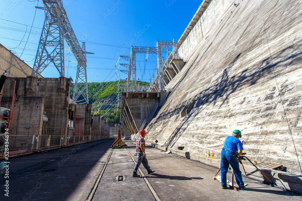 Industrial photography. General view of the switchgear and internal removal of the dam Zeya hydroelectric station