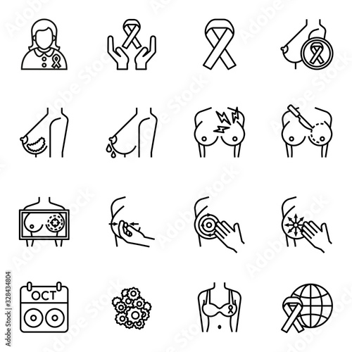 Breast cancer awareness icon set with white background. Thin line style stock.