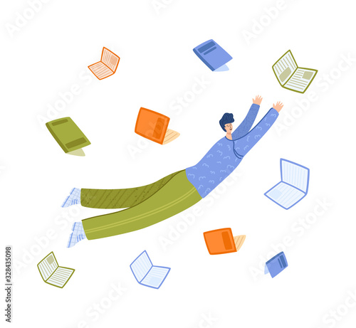 Flying dreaming adult man with books, study or literature fan concept, cute boy or student flys in dynamic pose - isolated on white. flat male cartoon textured character - vector illustration