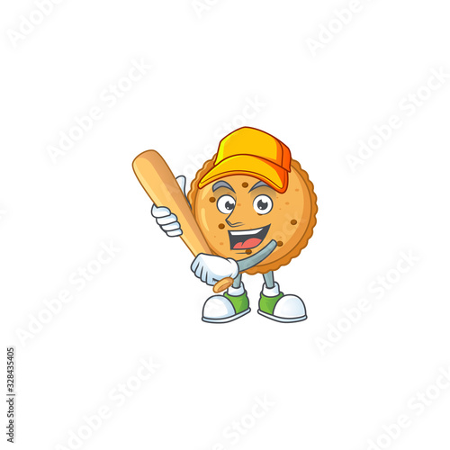 An active healthy peanut butter cookies mascot design style playing baseball