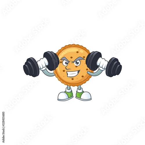 Peanut butter cookies mascot icon on fitness exercise trying barbells