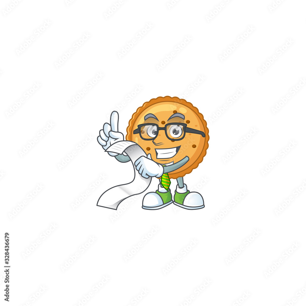 A funny face character of peanut butter cookies holding a menu