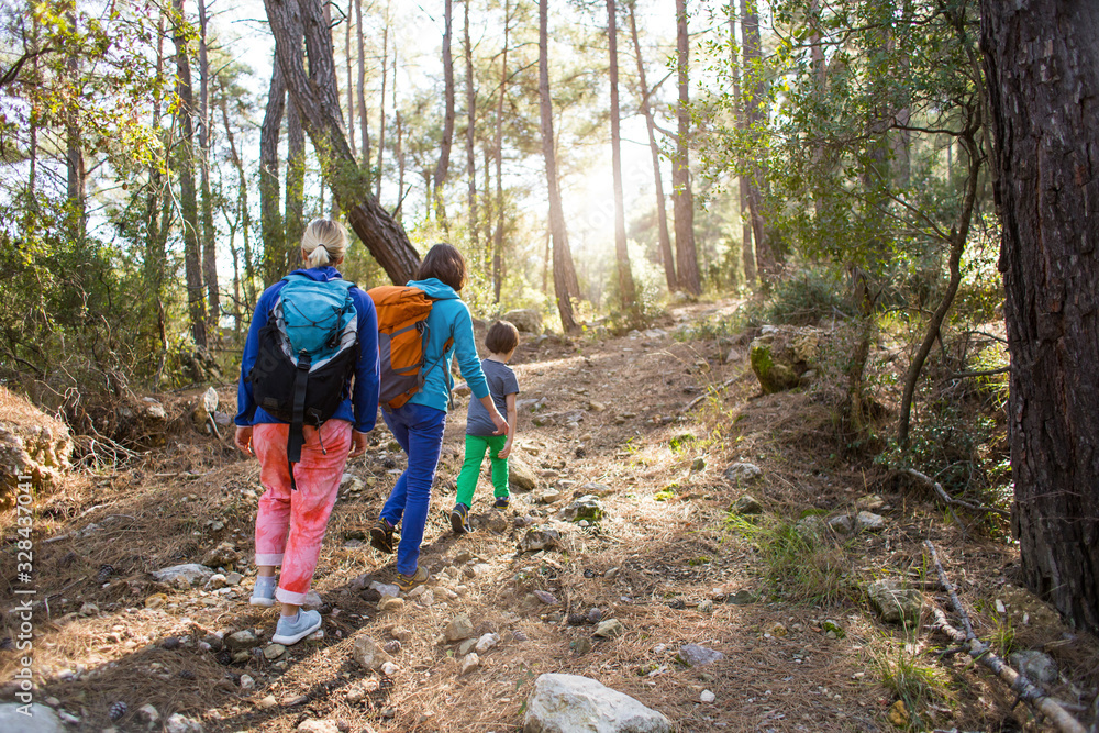 Obraz premium Two women and a child walk in the forest.