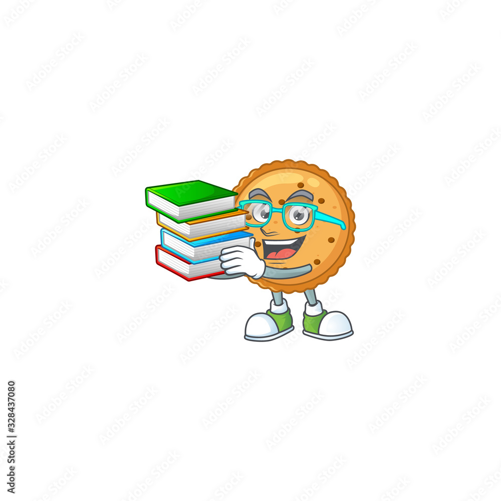 A brainy clever cartoon character of peanut butter cookies studying with some books