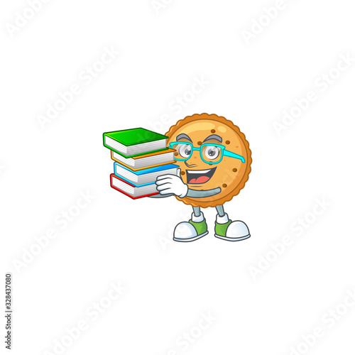 A brainy clever cartoon character of peanut butter cookies studying with some books
