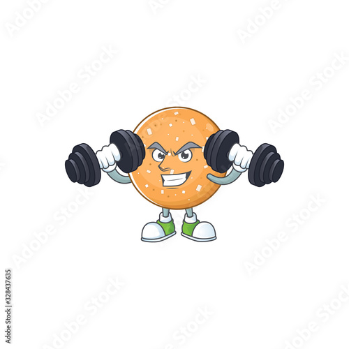 Sugar cookies mascot icon on fitness exercise trying barbells