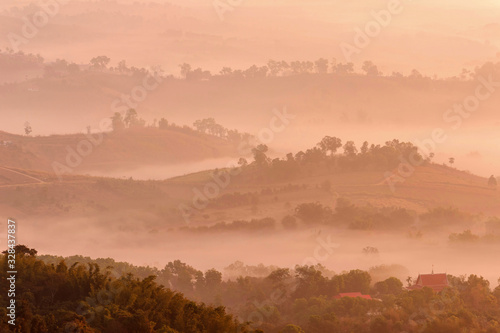 View light morning mist mountain in khaokho phetchabun, Thailand 