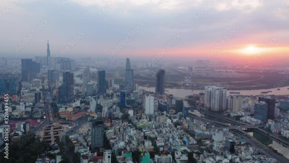 Aerial view of Ho Chi Minh, high view to downtown and Saigon river Aerial view of Ho Chi Minh, high view to downtown and Saigon river