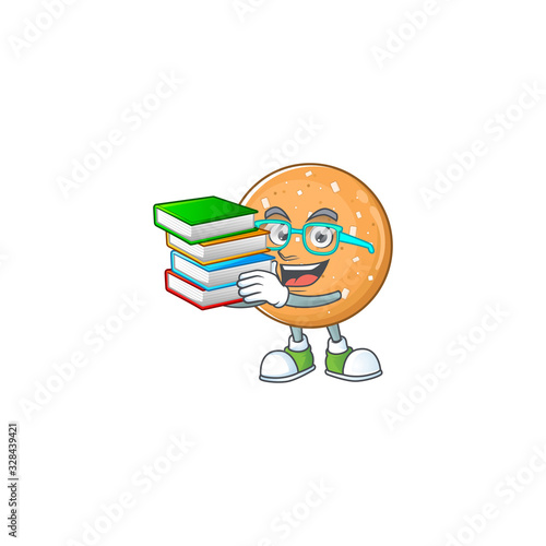 A brainy clever cartoon character of sugar cookies studying with some books