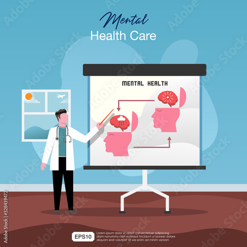 Doctor is presenting about mental health illness and find it solutions. Instruction for people to stay aware to mental problems. vector illustration, for web template, banner, presentation, social med