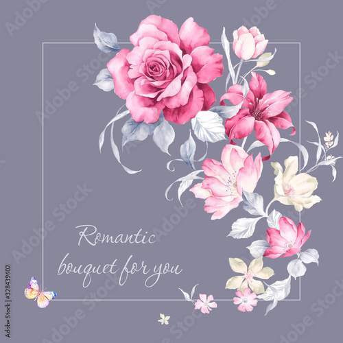 Set of card with flower rose, leaves. Wedding ornament concept. Floral poster, invite. Decorative greeting card or invitation design background