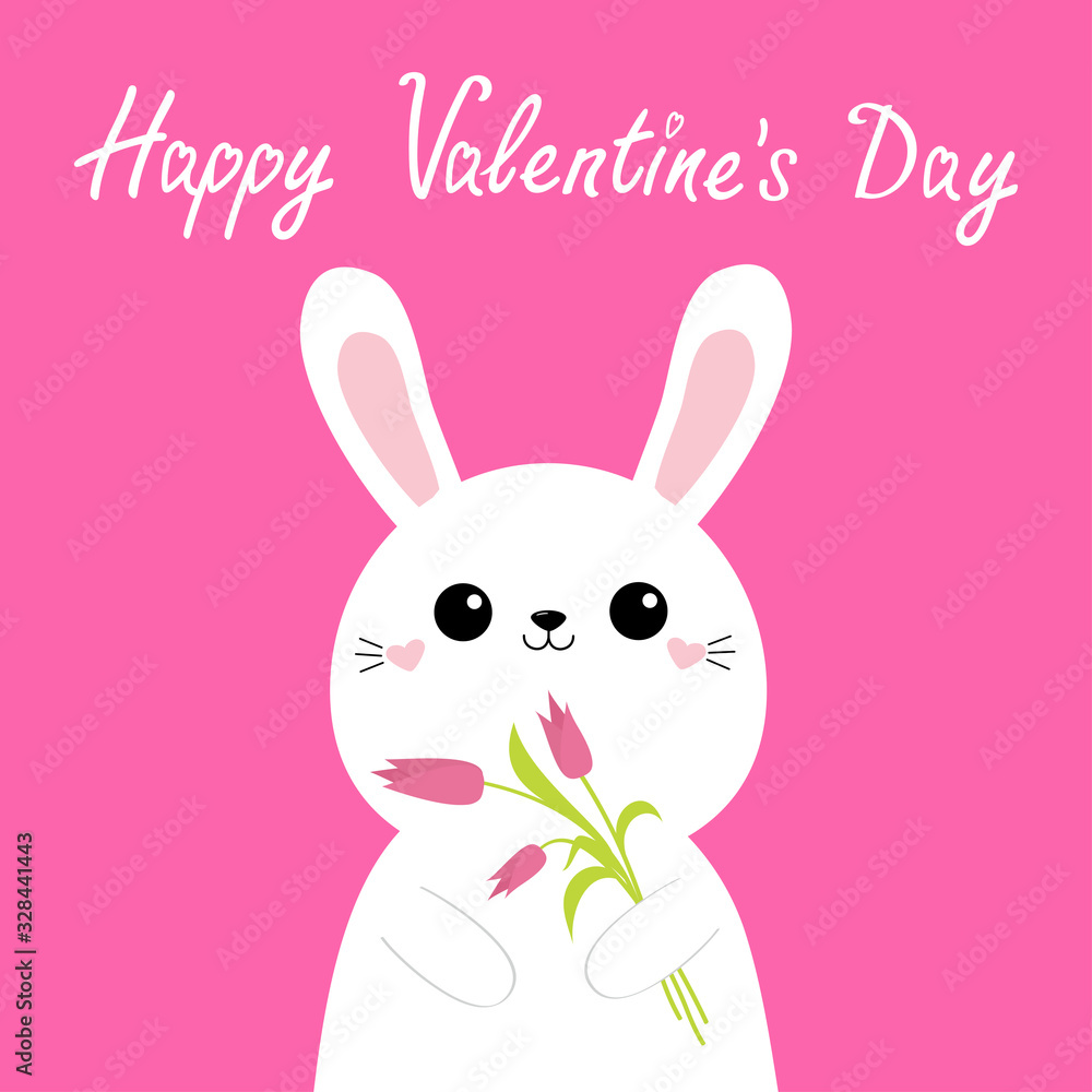 Happy Valentines Day. Cute bunny rabbit hare holding tulip flower bouquet. Kawaii kitty animal. Cartoon funny baby character. Kids print. Love card. Scandinavian style. Flat design. Pink background. Happy Valentines Day. Cute bunny rabbit hare holding tulip flower bouquet. Kawaii kitty animal. Cartoon funny baby character. Kids print. Love card. Scandinavian style. Flat design. Pink background.