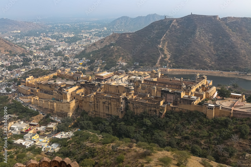 Amer Fort aerial view with Jaipur cityscape Rajasthan, India from the top of Jaigarh Fort