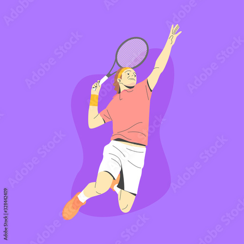  WHITE MALE TENNIS PLAYER JUMP AND READY TO SMASH THE BALL ILLUSTRATION