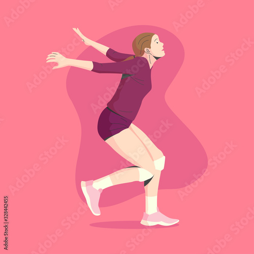 WHITE SKIN AND BROWN HAIR FEMALE VOLLEY BALL PLAYER IS READY TO JUMP AND SMASH THE BALL ILLUSTRATION © Aprik