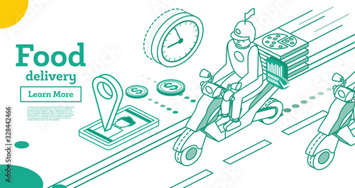 Food Delivery by Scooter. Isometric Concept. Food Service.