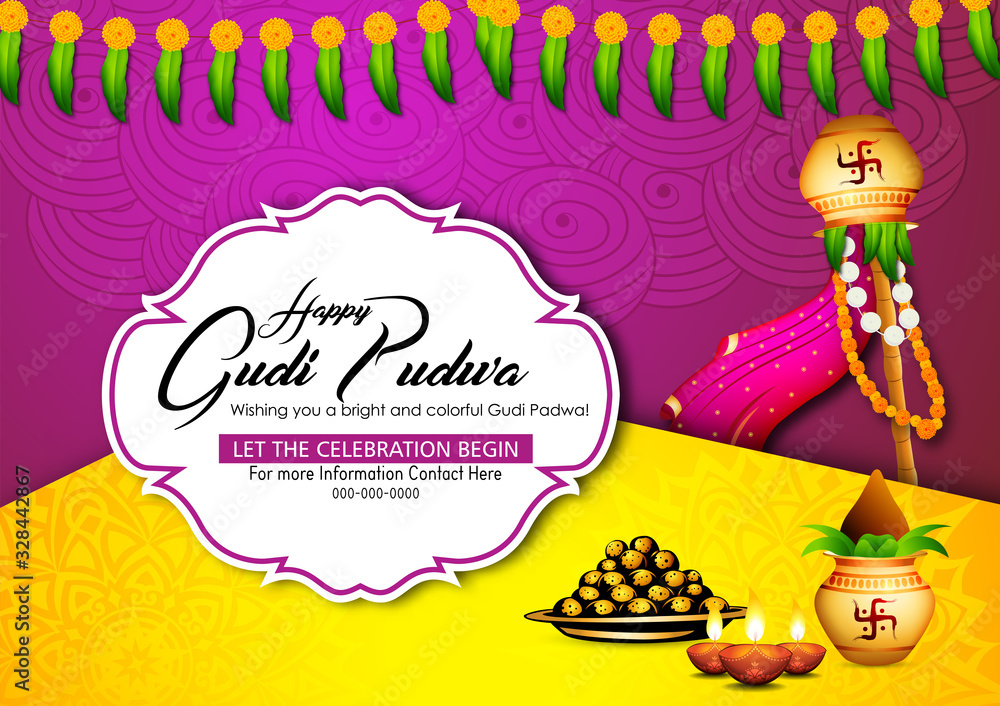 Naklejka premium Vector Illustration of Indian Festival of Gudi Padwa Poster For Occasion Of Gudi Padwa Celebration (Lunar New Year) Background. - Vector
