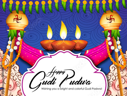 Vector Illustration of Indian Festival of Gudi Padwa Poster For Occasion Of Gudi Padwa Celebration (Lunar New Year) Background. - Vector © mona_
