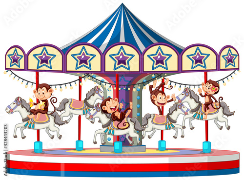 Cute monkeys riding the carousel on white background