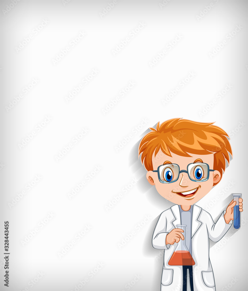 Plain background with happy scientist and his tools Plain background with happy scientist and his tools