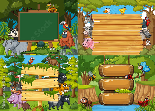 Four background template with empty board and animals in jungle